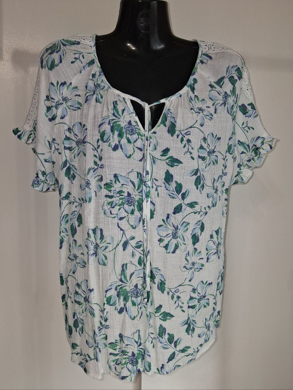 Como Vintage Sheer White Floral Tie-Front Blouse with Floral Print Sz L